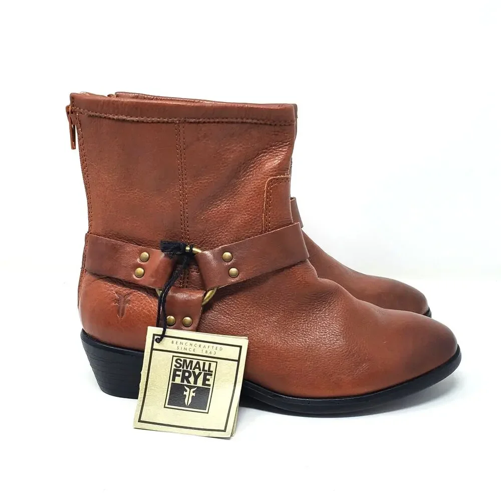 Frye Small Phillip Harness Boot Short Leather Cognac Brown Youth Size 3.5 New